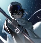  1girl absurdres bangs black_hair black_robe bleach bleach:_the_thousand-year_blood_war blue_eyes cape chaomian hair_between_eyes highres holding holding_sword holding_weapon kuchiki_rukia looking_at_viewer parted_lips robe short_hair solo sword upper_body weapon white_cape zanpakutou 
