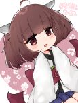  1girl ahoge bangs brown_eyes brown_hair floral_background headgear japanese_clothes kimono medium_hair nepiui38 open_mouth skirt solo touhoku_kiritan translation_request voiceroid 