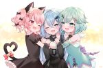  3girls :3 :d animal_ear_fluff animal_ears back_bow bangs bell belt blue_eyes blue_hair blush bow cat_ears cat_girl cat_hair_ornament cat_tail character_request collar collared_shirt cross-laced_dress dress fang frilled_dress frills green_eyes green_hair hair_bow hair_ornament hairclip heart heart-shaped_bell heart_hair_ornament heart_tail hug long_hair long_sleeves multiple_girls multiple_hair_bows nanase_(ribonshitoron) necktie off-shoulder_dress off_shoulder one_eye_closed original pink_eyes pink_hair pleated_skirt ribbon shirt short_hair short_sleeves skirt smile suspender_skirt suspenders tail tail_bell tail_bow tail_ornament twintails very_long_hair virtual_youtuber wings x_hair_ornament 