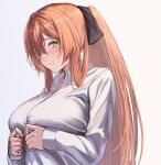  1girl 3_small_spiders arms_under_breasts breasts brown_hair buttons collared_shirt girls_frontline green_eyes hair_between_eyes hair_rings large_breasts long_hair long_sleeves ponytail shirt sidelocks springfield_(girls&#039;_frontline) upper_body white_background white_shirt 