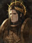1boy 2022 absurdres armor artist_name black_eyes black_hair circlet closed_mouth dated emperor_of_mankind ginias halo highres laurel_crown long_hair pauldrons shoulder_armor solo upper_body warhammer_40k