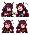  1girl bare_shoulders blank_eyes blue_eyes blush chibi ddolbang dress empty_eyes fangs grin heterochromia highres hololive hololive_english horns irys_(hololive) jitome korean_commentary multiple_views pointy_ears purple_hair smile sweatdrop violet_eyes virtual_youtuber white_dress 