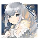  1girl absurdres bangs blurry blush bokeh dangle_earrings depth_of_field earrings fireworks frilled_shirt_collar frills grey_eyes grey_hair high_collar highres jewelry long_hair long_sleeves looking_at_viewer original parted_lips senkou_hanabi shamo3 sparkler 