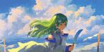 1girl bare_shoulders closed_mouth clouds cloudy_sky detached_sleeves fjsmu frog_hair_ornament gohei green_eyes green_hair hair_ornament hair_tubes highres holding japanese_clothes kochiya_sanae long_hair nontraditional_miko sky snake_hair_ornament solo touhou upper_body white_sleeves wide_sleeves 