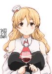  1girl alcohol ascot bare_shoulders blonde_hair bodice braid breasts brown_eyes corset cup drinking_glass french_braid hat highres kantai_collection large_breasts long_hair mini_hat one-hour_drawing_challenge owa_(ishtail) red_ascot shirt side_braid solo tilted_headwear upper_body wavy_hair white_shirt wind wine wine_glass zara_(kancolle) 