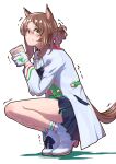  1girl animal_ears black_skirt boots brown_hair clover_hair_ornament cup cup_noodle fine_motion_(umamusume) from_side gloves green_eyes hair_between_eyes hair_bun hair_ornament hair_ribbon highres holding holding_cup horse_ears horse_girl jacket looking_at_viewer looking_to_the_side maharu66 multicolored_hair ribbon simple_background single_hair_bun skirt smile socks solo squatting trembling two-tone_hair umamusume white_background white_footwear white_gloves white_hair white_jacket white_socks 