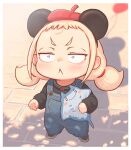  1girl :&lt; animal_ears beret blonde_hair blue_eyes child constricted_pupils fake_animal_ears female_child hat kozato_(yu_kozato) little_blonde_girl_(kozato) manta_ray mouse_ears original outdoors overalls solo stuffed_animal stuffed_toy 