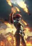  1girl banner battle burning fiery_background fire fireball gwent_(game) highres non-web_source pants redhead the_witcher_(series) the_witcher_3 triss_merigold 