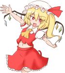  1girl :d ascot bright_pupils crystal fang flandre_scarlet hat hat_ribbon looking_at_viewer mizusoba mob_cap navel one_side_up open_mouth red_eyes red_ribbon red_skirt red_vest ribbon shirt short_sleeves simple_background skin_fang skirt smile solo touhou vest white_background white_headwear white_pupils white_shirt wings yellow_ascot 