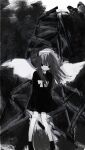  1girl angel angel_wings arms_behind_back bangs black_dress black_footwear black_hair bow commentary_request dress dress_bow empty_eyes expressionless feet_out_of_frame greyscale halo highres kneehighs looking_at_viewer medium_hair monochrome musyamusyaaaaa noose original socks solo white_bow white_socks wings 