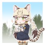  1girl animal_costume animal_ear_fluff animal_ears bow bowtie cat_ears cat_girl cat_tail cup extra_ears forest geoffroy&#039;s_cat_(kemono_friends) green_eyes highres holding holding_cup kemono_friends kemono_friends_v_project kneehighs long_hair looking_at_viewer mabuta_(mbt) nature open_mouth ribbon socks solo sweater tail twintails virtual_youtuber 