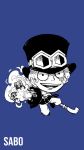  1boy ascot belt blacknirrow blue_background buttons character_name chibi commentary english_commentary english_text eyewear_on_headwear fire full_body goggles happy hat highres holding industrial_pipe jacket jumping looking_at_viewer male_focus monochrome one_piece open_clothes open_jacket open_mouth outstretched_arm pants reaching_towards_viewer sabo_(one_piece) scar scar_on_face shirt shoes short_hair sidelocks simple_background sketch smile solo teeth top_hat 