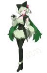  1girl breasts closed_mouth detached_sleeves fang flower full_body gloves green_hair hat hat_flower highres looking_at_viewer meowscarada pantyhose personification pokemon red_eyes sakuragi_raia simple_background skin_fang skirt slit_pupils small_breasts solo white_background 