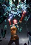  blue_butterfly bug butterfly gloves gwent_(game) highres magic night non-web_source pants red_gloves redhead spell the_witcher_(series) triss_merigold witch 