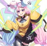  absurdres bow-shaped_hair character_hair_ornament grey_pantyhose hair_ornament hexagon_print highres iono_(pokemon) jacket long_hair mal_to_mal multicolored_hair oversized_clothes pantyhose pink_eyes pink_hair pokemon pokemon_(game) pokemon_sv sharp_teeth single_leg_pantyhose sleeves_past_fingers sleeves_past_wrists split-color_hair teeth twintails two-tone_hair very_long_hair very_long_sleeves x yellow_jacket 