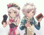  1boy 1girl :o bare_shoulders black_gloves book bow braid brother_and_sister character_request clanne_(fire_emblem) fire_emblem fire_emblem_engage framme_(fire_emblem) gauntlets gloves green_bow grey_hair hat hat_bow holding holding_book long_sleeves looking_at_viewer medium_hair miraioranji pink_bow scarf siblings simple_background single_braid sleeveless smile twins upper_body white_background yellow_eyes 