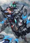  above_clouds aqua_eyes clouds funnels_(gundam) glowing glowing_eyes gundam gundam_aerial gundam_suisei_no_majo highres looking_up mecha mobile_suit no_humans open_hand open_hands paintedmike robot science_fiction solo v-fin 