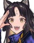 1girl :d animal_ear_fluff animal_ears arknights bangs black_hair blue_jacket blush braid commentary dog_ears facial_mark forehead_mark highres jacket looking_at_viewer medium_hair nanaponi open_mouth parted_bangs portrait saga_(arknights) simple_background single_braid smile solo symbol-only_commentary teeth white_background yellow_eyes 
