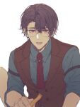  1boy bangs blue_shirt brown_vest collared_shirt glasses highres jiukuzi18797 looking_at_viewer marius_von_hagen_(tears_of_themis) necktie open_mouth purple_hair red_necktie shirt short_hair simple_background sleeves_rolled_up solo tears_of_themis upper_body vest violet_eyes white_background 