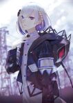  1girl black_jacket blue_eyes braid closed_mouth colored_inner_hair dress hand_up highres hood hood_down jacket kamitsubaki_studio kaoming looking_at_viewer medium_hair multicolored_hair open_clothes open_jacket rim_(kamitsubaki_studio) solo white_dress white_hair 