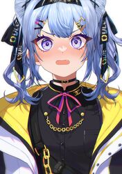  1girl bangs black_choker black_shirt blue_hair blush buttons chain choker cone_hair_bun embarrassed english_commentary fang grey_hair hair_bun hair_ornament hair_ribbon hairband hairclip highres jacket light_blue_hair looking_at_viewer medium_hair nijisanji nijisanji_en nose_blush open_mouth pink_ribbon red_ribbon ribbon savi_(byakushimc) shirt simple_background solo sparkling_eyes star_(symbol) star_hair_ornament surprised symbol_in_eye upper_body violet_eyes virtual_youtuber white_background wide-eyed zaion_lanza 