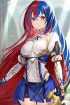  1girl alear_(fire_emblem) alear_(fire_emblem)_(female) armor bangs blue_eyes blue_hair braid breasts crossed_bangs crown_braid fire_emblem fire_emblem_engage gloves haru_(nakajou-28) heterochromia highres jewelry liberation_(fire_emblem) long_hair looking_at_viewer medium_breasts multicolored_hair red_eyes redhead revision solo sword two-tone_hair very_long_hair weapon 