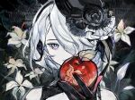  1girl apple black_gloves copyright_request flower food fruit gloves hair_ornament hair_over_one_eye hat highres holding holding_food holding_fruit looking_at_viewer one_eye_covered portrait red_apple rosette_(yankaixuan) solo violet_eyes 