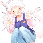  1girl :d ^_^ animal_ear_fluff animal_ears apron blue_apron blue_pants blush breasts closed_eyes facing_viewer feet_out_of_frame fox_ears fox_girl fox_tail hands_up highres howan_(show_by_rock!!) knees_together_feet_apart long_hair long_sleeves medium_breasts nyama pants ponytail puffy_long_sleeves puffy_sleeves shirt short_eyebrows show_by_rock!! simple_background smile solo squatting tail teeth thick_eyebrows upper_teeth very_long_hair white_background white_hair white_shirt 