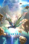  1boy alien avatar:_the_way_of_water avatar_(movie_series) blue_skin brown_hair character_request colored_skin copyright_name david_liu dragon_riding english_commentary floating_rock flying highres jake_sully lens_flare na&#039;vi official_art second-party_source solo_focus 