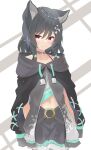  1girl absurdres amato_0321 animal_ears black_hair black_skirt braid frilled_skirt frills highres hood hood_down lily_linglan long_sleeves looking_at_viewer open_clothes red_eyes short_hair skirt smile the_box_(vtuber) twin_braids virtual_youtuber wolf_ears wolf_girl 