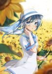  1girl absurdres bangs blue_eyes blue_hair blurry blurry_foreground blush building clouds collared_dress dress falling_petals field flower flower_field hand_on_own_cheek hand_on_own_face hat hat_ribbon hatsune_miku highres holding holding_flower long_hair looking_at_viewer nagitofuu necktie open_mouth petals ribbon short_sleeves sky solo summer_memories_(module) sunflower time_machine_(vocaloid) twintails vocaloid wind 
