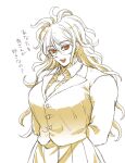 1girl ametant arms_behind_back bangs breasts brown_eyes buttons collared_shirt commentary_request danganronpa_(series) danganronpa_v3:_killing_harmony fang genderswap genderswap_(mtf) glasses gokuhara_gonta highres jacket large_breasts long_hair messy_hair monochrome necktie pleated_skirt round_eyewear shirt skirt solo teeth translation_request upper_teeth white_background
