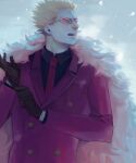  1boy black_shirt blonde_hair brown_gloves business_suit coat donquixote_doflamingo earrings feather_coat formal gloves highres inu7efd jewelry long_sleeves male_focus necktie one_piece pink_coat red_necktie red_suit shirt short_hair snowflakes solo spiky_hair suit sunglasses upper_body 
