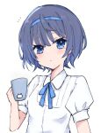 1girl bangs blue_eyes blue_hair blue_ribbon cevio closed_mouth cup hairband holding holding_cup looking_at_viewer nepiui38 ribbon shirt short_hair short_sleeves simple_background solo suzuki_tsudumi upper_body white_background white_shirt 