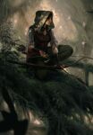  1girl arrow_(projectile) bow forest green_pants gwent_(game) highres holding holding_weapon hood milaen nature non-web_source pants realistic shade squatting the_witcher_(series) tree weapon 