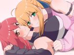  2girls ahoge armpits artoria_caster_(counter_stretch)_(fate) blonde_hair breasts drill_bulbul fate/grand_order fate_(series) fingerless_gloves fujimaru_ritsuka_(female)_(counter_stretch) gloves green_eyes looking_at_viewer lying_on_person multiple_girls redhead 