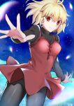 1girl alternate_costume antenna_hair aozaki_aoko aozaki_aoko_(cosplay) arcueid_brunestud bangs black_pantyhose black_sweater blonde_hair breasts buttons closed_mouth commentary_request company_connection cosplay creator_connection crossover dress hair_between_eyes highres long_sleeves looking_at_viewer mahou_tsukai_no_yoru mashimaro_tabetai medium_breasts night night_sky pantyhose red_dress red_eyes short_hair single_hair_intake sky smile star_(sky) sweater tsukihime tsukihime_(remake) turtleneck turtleneck_sweater 