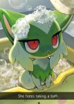  absurdres bath bathing bathtub bubble bubble_bath cat english_text foam highres no_humans pokemon pokemon_(creature) red_eyes soap soap_bubbles sprigatito yuio58ok 