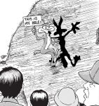  ashbelero black_hair coyote derivative_work english_commentary english_text greyscale holding holding_sign looking_at_viewer looney_tunes manga_panel_redraw monochrome outdoors short_hair sign the_enigma_of_amigara_fault wile_e_coyote 
