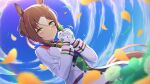  1girl brown_hair clover clover_hair_ornament dutch_angle fine_motion_(umamusume) gloves hair_between_eyes hair_bun hair_ornament hair_ribbon highres holding_clover horse_girl horse_tail jacket looking_at_viewer multicolored_hair ribbon single_hair_bun smile solo soranishi_hiro tail two-tone_hair umamusume white_gloves white_hair white_jacket yellow_eyes 