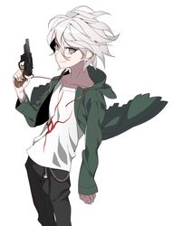  1boy absurdres asa_me_daiki bangs chain collarbone cowboy_shot danganronpa_(series) danganronpa_2:_goodbye_despair green_jacket grey_eyes grey_hair gun handgun highres holding holding_gun holding_weapon hood hooded_jacket jacket komaeda_nagito long_sleeves male_focus messy_hair print_shirt shirt simple_background smile solo weapon white_background white_shirt 