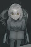  1girl armchair book chair character_request copyright_request drill_hair glowing glowing_eyes greyscale highres holding holding_book kappa_modoki monochrome open_book sitting spot_color twin_drills 
