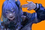  1girl absurdres ascot belt blue_ascot blue_eyes blue_hair buttons earrings finger_gun finger_gun_to_head hair_between_eyes hair_ribbon highres hololive hoshimachi_suisei jewelry long_sleeves looking_at_viewer mirai99 neck_ribbon open_mouth orange_background orange_nails pointing pointing_at_self ribbon side_ponytail solo star_(symbol) star_in_eye symbol_in_eye teeth virtual_youtuber zipper 