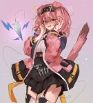  1girl absurdres animal_ears arknights bangs black_hairband black_jacket black_skirt blue_bow blue_jacket blush bow braid cat_ears cat_girl cat_tail cowboy_shot floppy_ears garter_straps goldenglow_(arknights) gradient gradient_background hair_bow hair_ornament hairband hairclip hands_on_own_face hands_up highres jacket kaguura_(kagu) lightning_bolt_print long_sleeves looking_at_viewer miniskirt multicolored_clothes multicolored_jacket open_clothes open_jacket open_mouth orange_eyes pink_hair pink_jacket pleated_skirt print_hairband purple_background shirt simple_background sketch skirt solo standing tail thigh-highs white_shirt white_thighhighs 