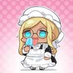  1girl apron black_dress blonde_hair blue_eyes blush chibi dark-skinned_female dark_skin dress empty_eyes food hat idolmaster idolmaster_cinderella_girls layla_(idolmaster) long_sleeves maid maid_apron mob_cap popsicle round_eyewear smile solo takato_kurosuke tan tongue tongue_out white_apron 