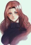  1girl aduti_momoyama blue_eyes brown_hair catiua_powell closed_mouth frown hair_intakes highres long_hair looking_at_viewer pink_lips simple_background solo tactics_ogre turtleneck upper_body white_background 