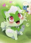  1boy :3 :d blush bubble dagasi fangs grass heart highres outdoors pokemon pokemon_(creature) red_eyes smile soap_bubbles sprigatito washing 