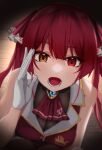  1girl ascot blurry gloves heterochromia highres hololive houshou_marine kinoshita_niko open_mouth red_ascot red_eyes redhead solo twintails upper_body vignetting virtual_youtuber white_gloves yellow_eyes 