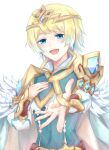  1girl bangs blonde_hair blue_eyes earrings feather_trim fire_emblem fire_emblem_heroes fjorm_(fire_emblem) hand_on_own_chest highres jewelry looking_at_viewer open_hand open_mouth reaching_towards_viewer short_hair smile solo sturm_fe_k11 tiara 