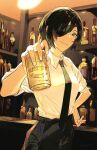  1girl alcohol bar_(place) beer beer_bottle beer_can black_hair black_necktie black_pants bottle breasts can chainsaw_man collared_shirt dr_woodpecker eyepatch hand_on_hip highres himeno_(chainsaw_man) holding holding_can looking_at_viewer medium_breasts necktie pants shelf shirt shirt_tucked_in short_hair smile solo white_shirt wine_bottle yellow_theme 